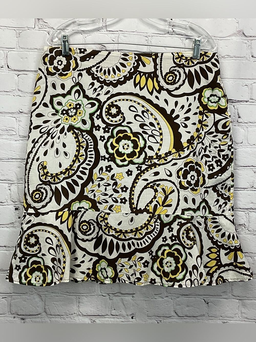 Cato Skirt Women's Size 14 Yellow/Brown Paisley Print Ruffle Hem 100% Cotton